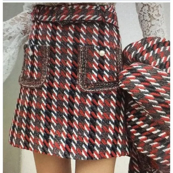 Classic Women's Tweed Skirt Sz XL Quilted Lined Belted Pearl Button Pockets Red - Picture 1 of 14
